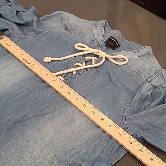 Twelve Blue Bamboo/Cotton Blend Quarter Sleeve Tie Front Mini Dress - Picture 6 of 11